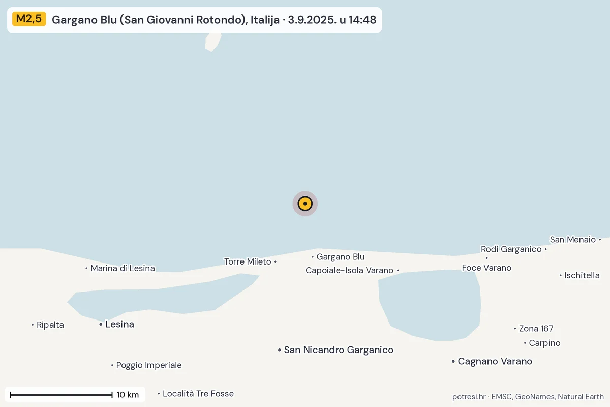 Karta: okolica epicentra, 60 km, potres M2,5, Gargano Blu (San Giovanni Rotondo), Italija, 3.9.2025.