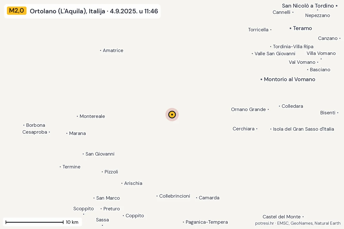 Karta: okolica epicentra, 60 km, potres M2,0, Ortolano (L'Aquila), Italija, 4.9.2025.