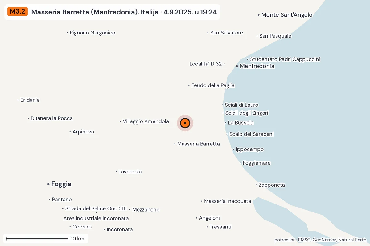 Karta: okolica epicentra, 60 km, potres M3,2, Masseria Barretta (Manfredonia), Italija, 4.9.2025.