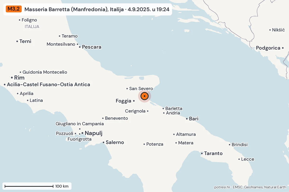 Karta: šire područje, 600 km, potres M3,2, Masseria Barretta (Manfredonia), Italija, 4.9.2025.