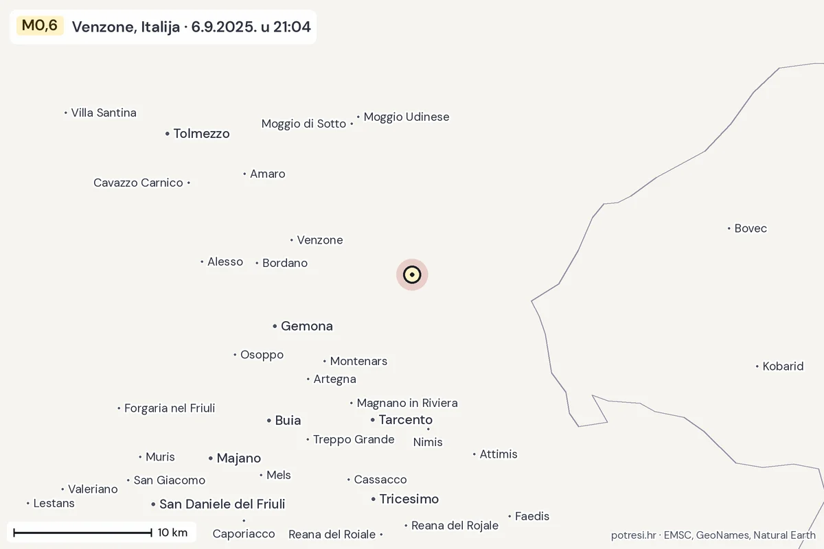 Karta: okolica epicentra, 60 km, potres M0,6, Venzone, Italija, 6.9.2025.