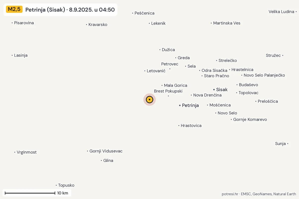 Karta: okolica epicentra, 60 km, potres M2,5, Petrinja (Sisak), 8.9.2025.