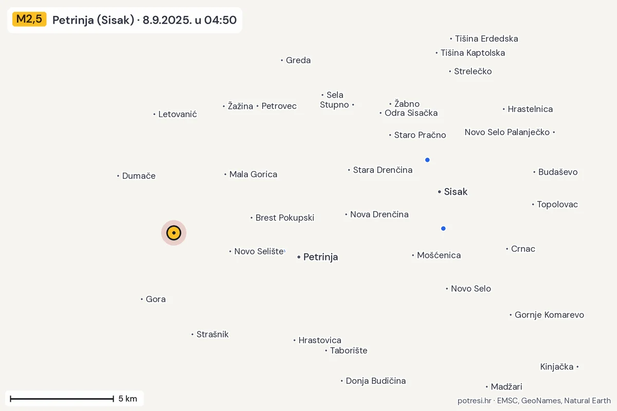 Karta: izvješća građana, potres M2,5, Petrinja (Sisak), 8.9.2025.