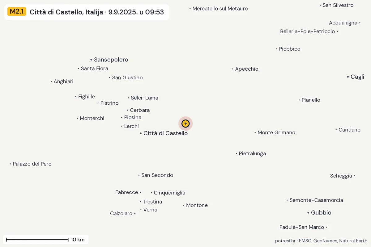 Karta: okolica epicentra, 60 km, potres M2,1, Città di Castello, Italija, 9.9.2025.