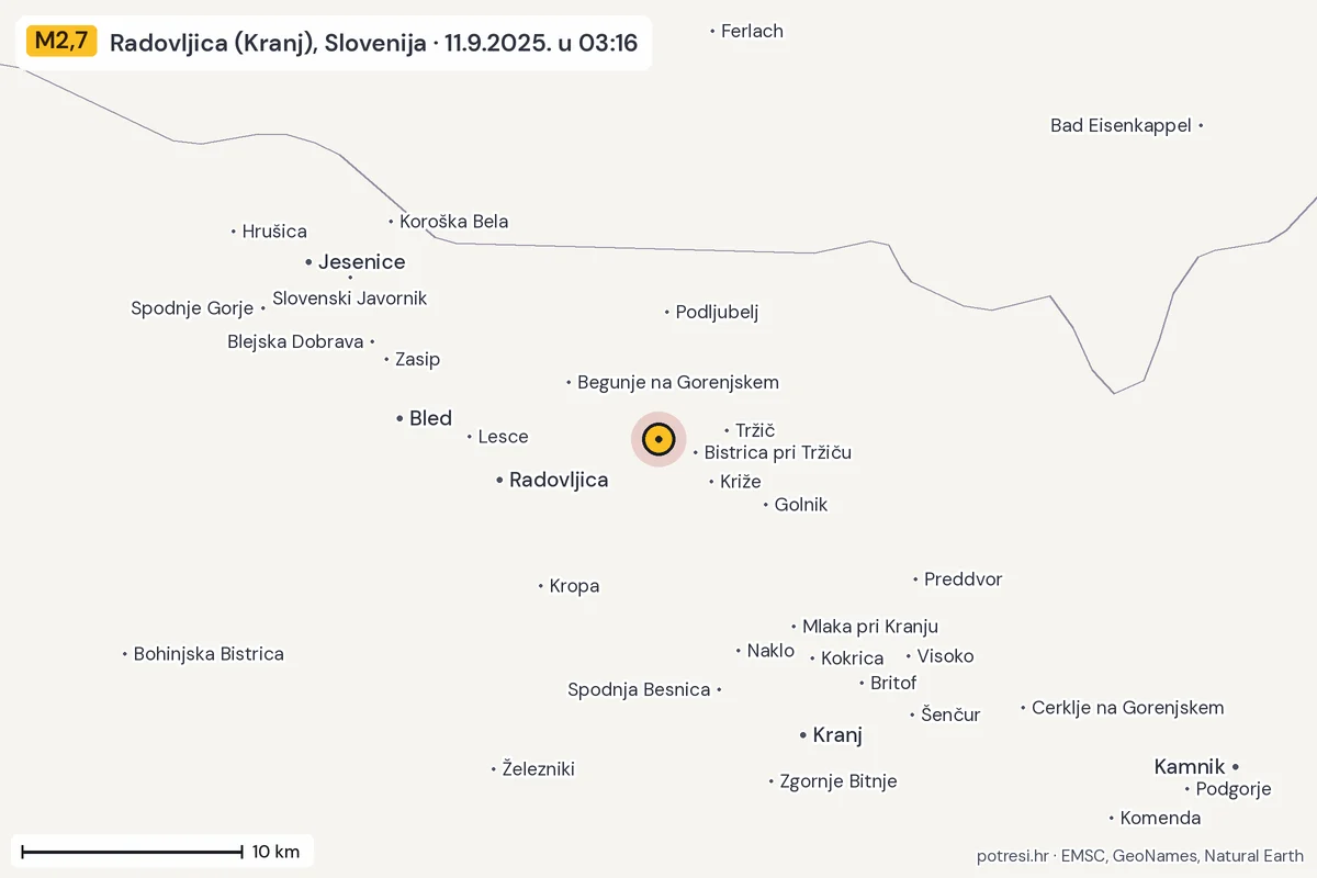 Karta: okolica epicentra, 60 km, potres M2,7, Radovljica (Kranj), Slovenija, 11.9.2025.