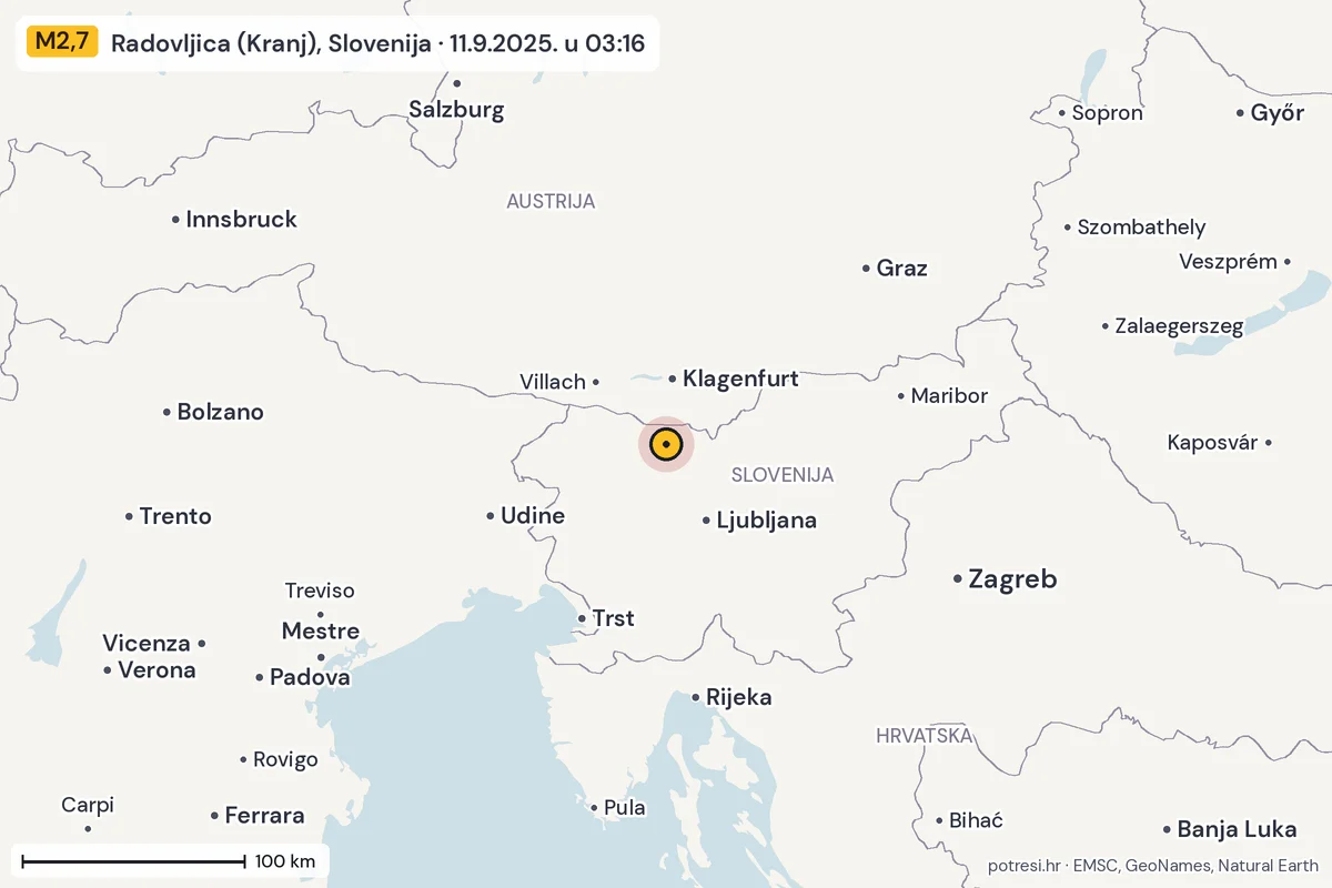Karta: šire područje, 600 km, potres M2,7, Radovljica (Kranj), Slovenija, 11.9.2025.