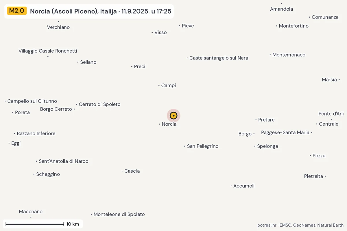 Karta: okolica epicentra, 60 km, potres M2,0, Norcia (Ascoli Piceno), Italija, 11.9.2025.