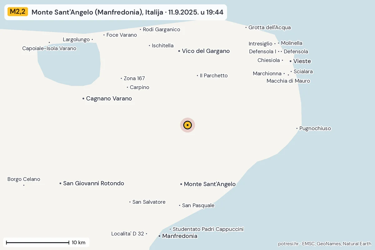 Karta: okolica epicentra, 60 km, potres M2,2, Monte Sant'Angelo (Manfredonia), Italija, 11.9.2025.
