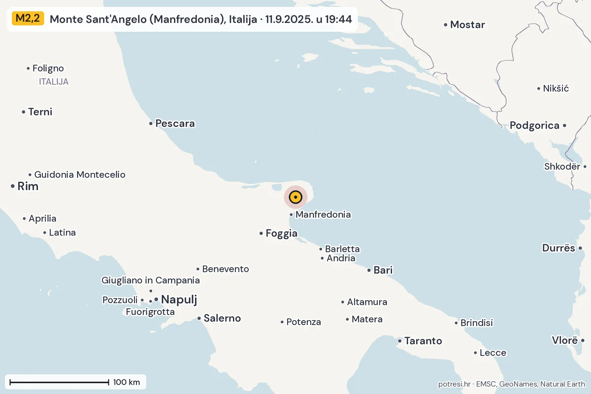 Karta: šire područje, 600 km, potres M2,2, Monte Sant'Angelo (Manfredonia), Italija, 11.9.2025.