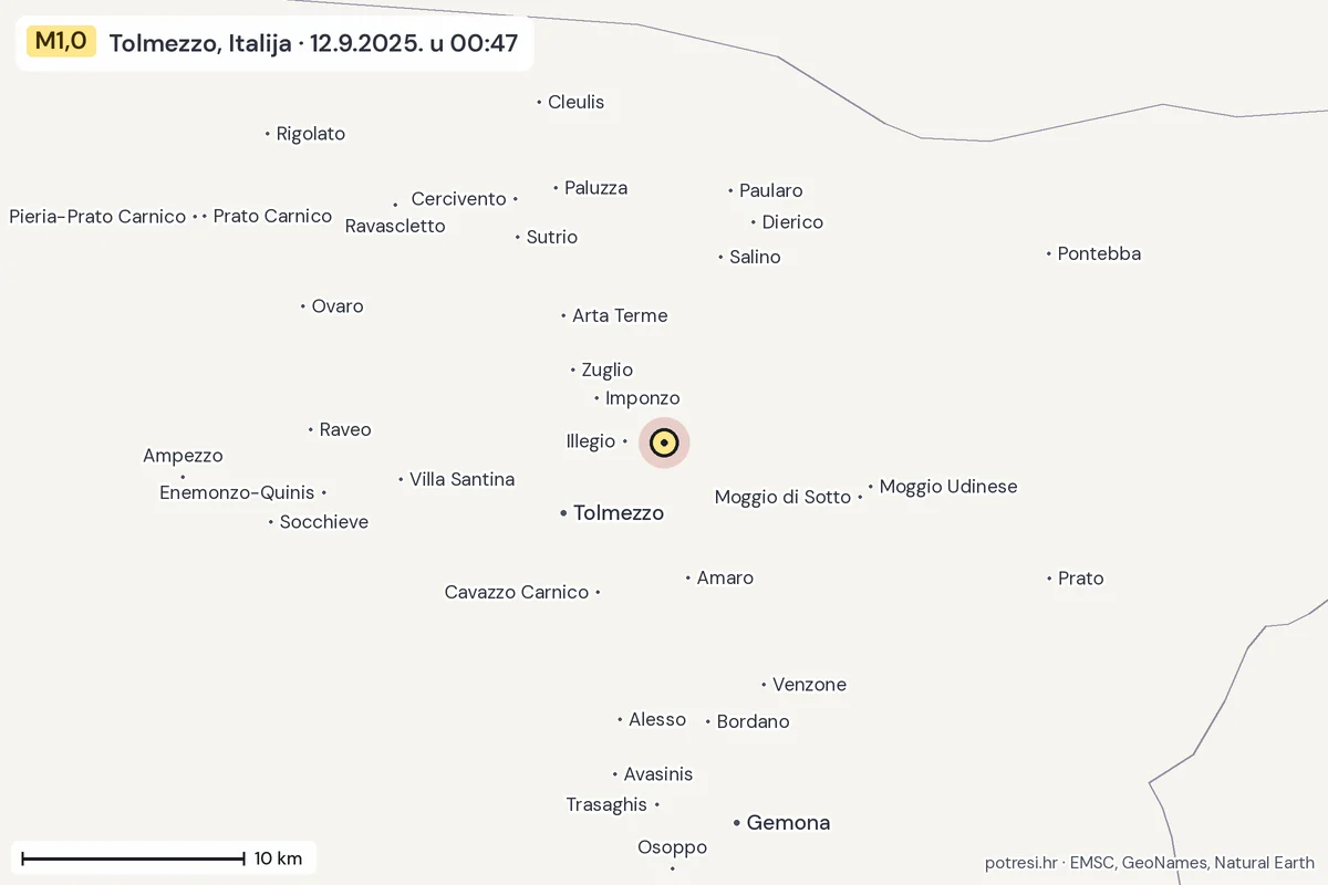 Karta: okolica epicentra, 60 km, potres M1,0, Tolmezzo, Italija, 12.9.2025.
