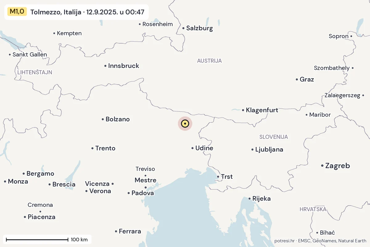 Karta: šire područje, 600 km, potres M1,0, Tolmezzo, Italija, 12.9.2025.