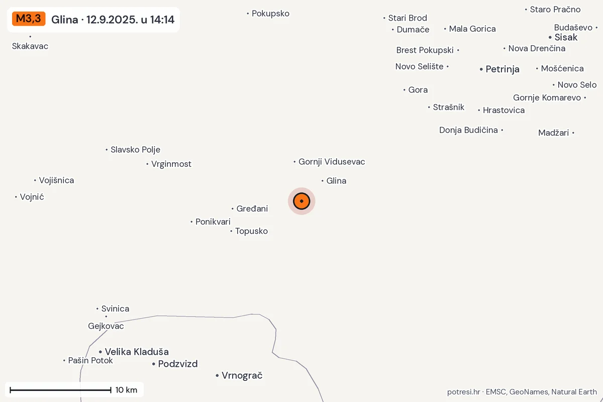 Karta: okolica epicentra, 60 km, potres M3,3, Glina, 12.9.2025.