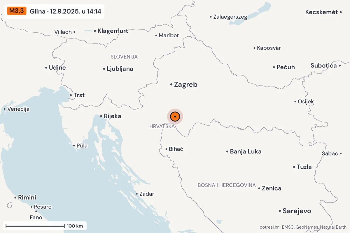 Karta: šire područje, 600 km, potres M3,3, Glina, 12.9.2025.