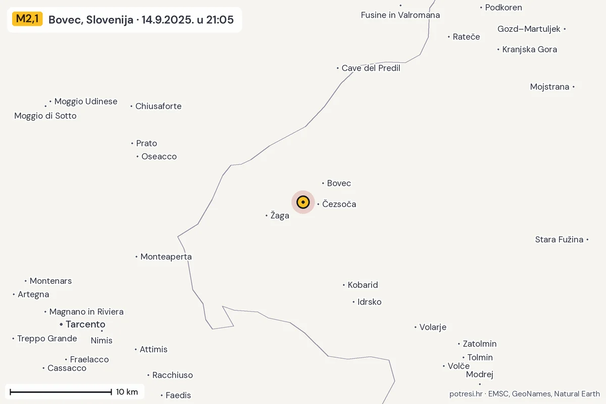 Karta: okolica epicentra, 60 km, potres M2,1, Bovec, Slovenija, 14.9.2025.