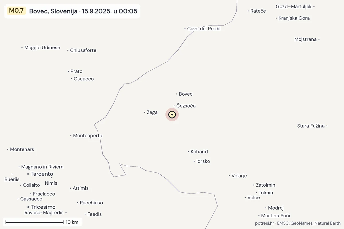 Karta: okolica epicentra, 60 km, potres M0,7, Bovec, Slovenija, 15.9.2025.