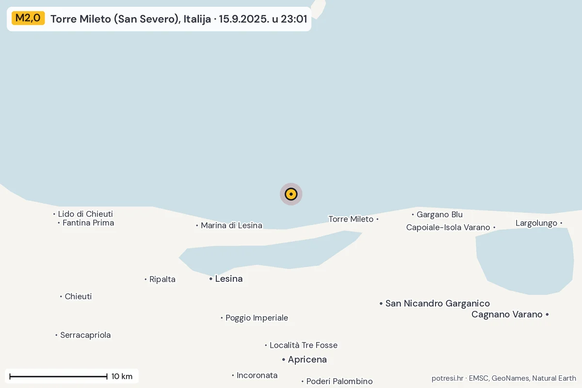 Karta: okolica epicentra, 60 km, potres M2,0, Torre Mileto (San Severo), Italija, 15.9.2025.