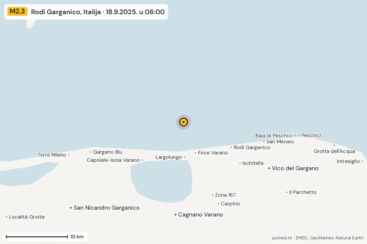 Karta: okolica epicentra, 60 km, potres M2,3, Rodi Garganico, Italija, 18.9.2025.