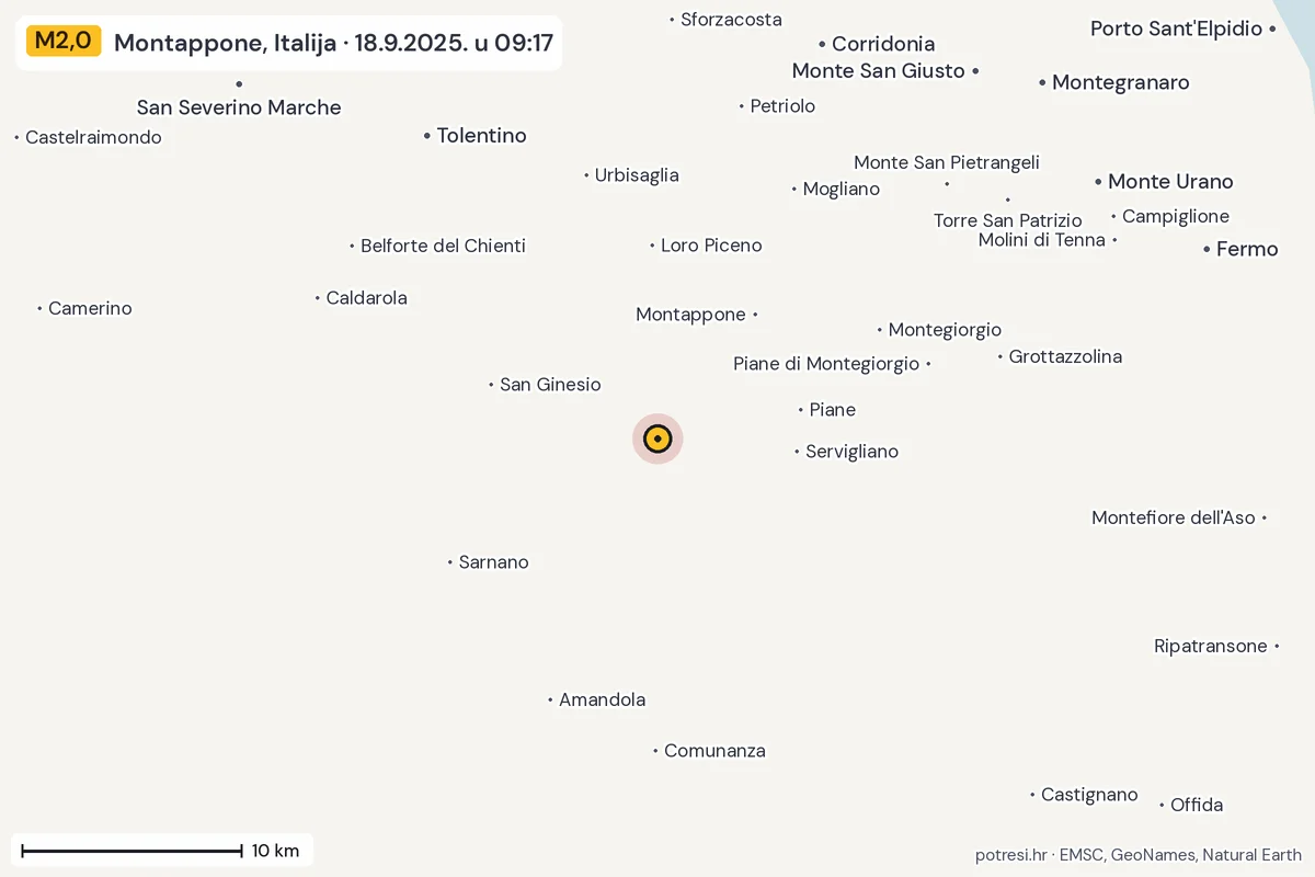 Karta: okolica epicentra, 60 km, potres M2,0, Montappone, Italija, 18.9.2025.