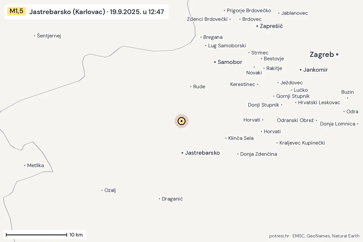 Karta: okolica epicentra, 60 km, potres M1,5, Jastrebarsko (Karlovac), 19.9.2025.