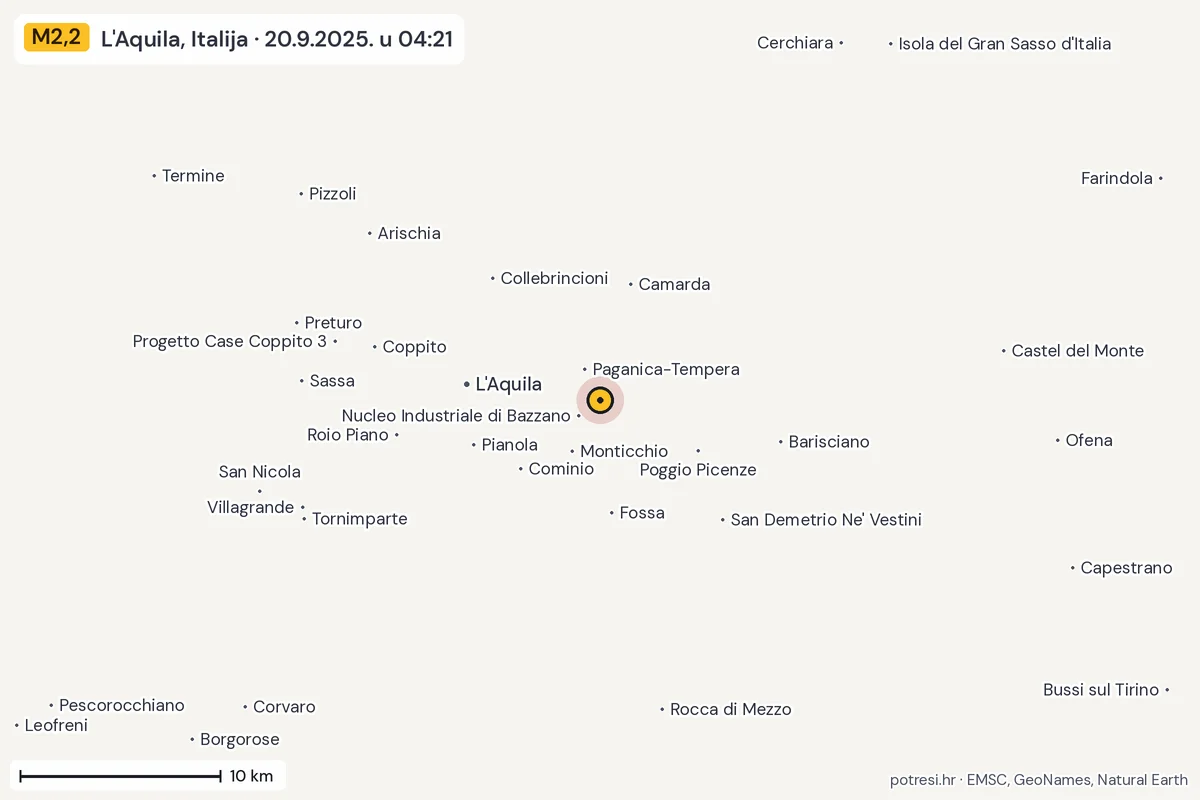 Karta: okolica epicentra, 60 km, potres M2,2, L'Aquila, Italija, 20.9.2025.