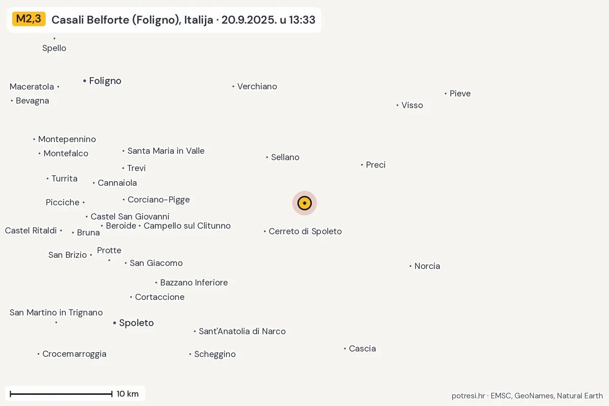 Karta: okolica epicentra, 60 km, potres M2,3, Casali Belforte (Foligno), Italija, 20.9.2025.