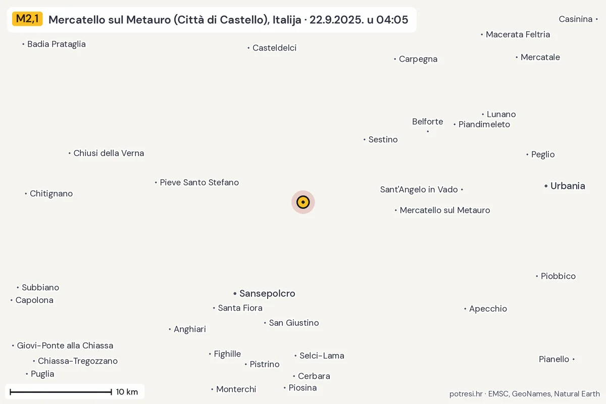 Karta: okolica epicentra, 60 km, potres M2,1, Mercatello sul Metauro (Città di Castello), Italija, 22.9.2025.