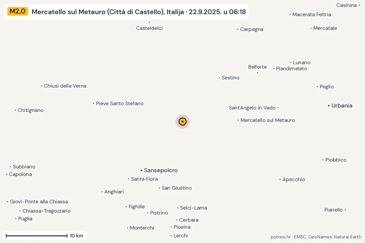 Karta: okolica epicentra, 60 km, potres M2,0, Mercatello sul Metauro (Città di Castello), Italija, 22.9.2025.