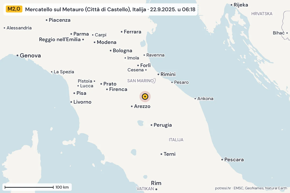 Karta: šire područje, 600 km, potres M2,0, Mercatello sul Metauro (Città di Castello), Italija, 22.9.2025.