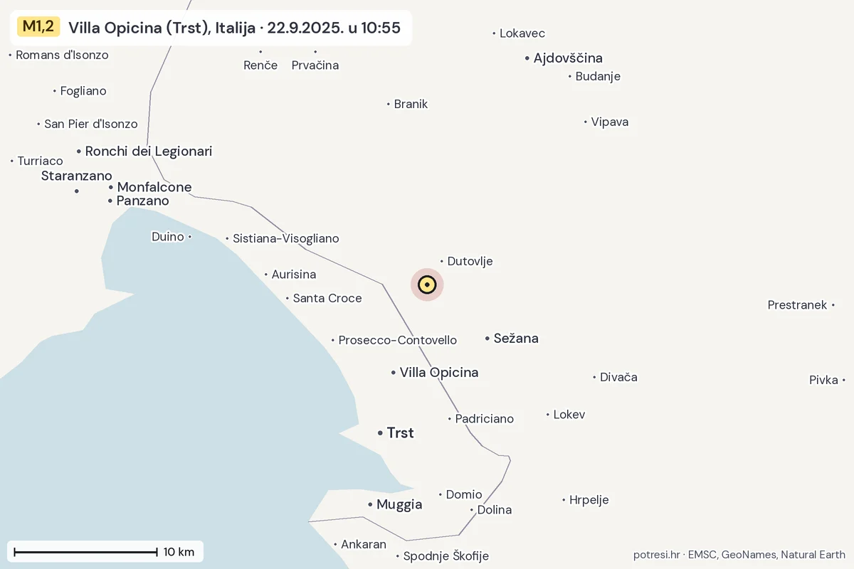 Karta: okolica epicentra, 60 km, potres M1,2, Villa Opicina (Trst), Italija, 22.9.2025.