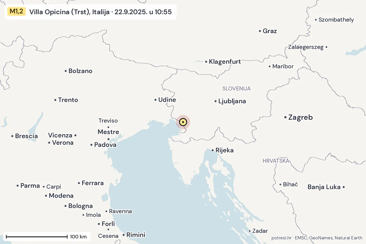 Karta: šire područje, 600 km, potres M1,2, Villa Opicina (Trst), Italija, 22.9.2025.