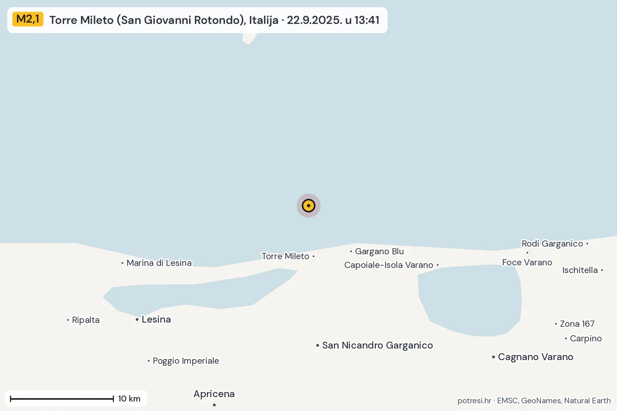 Karta: okolica epicentra, 60 km, potres M2,1, Torre Mileto (San Giovanni Rotondo), Italija, 22.9.2025.