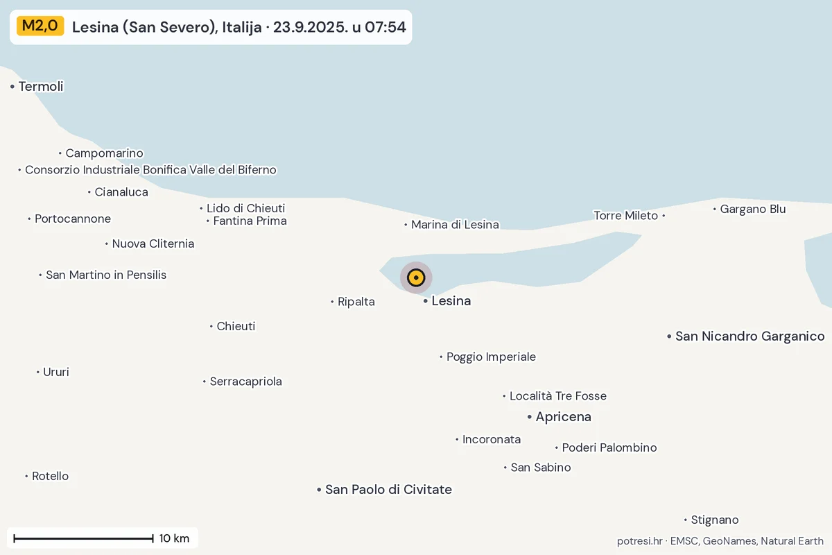 Karta: okolica epicentra, 60 km, potres M2,0, Lesina (San Severo), Italija, 23.9.2025.