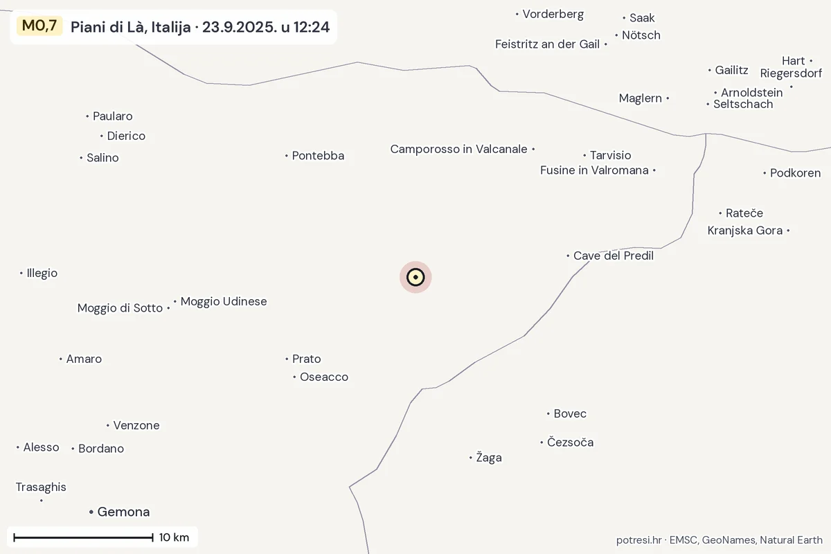 Karta: okolica epicentra, 60 km, potres M0,7, Piani di Là, Italija, 23.9.2025.