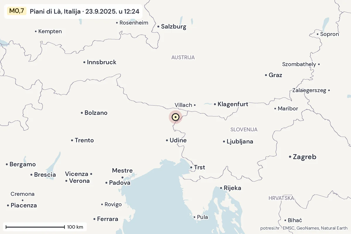 Karta: šire područje, 600 km, potres M0,7, Piani di Là, Italija, 23.9.2025.