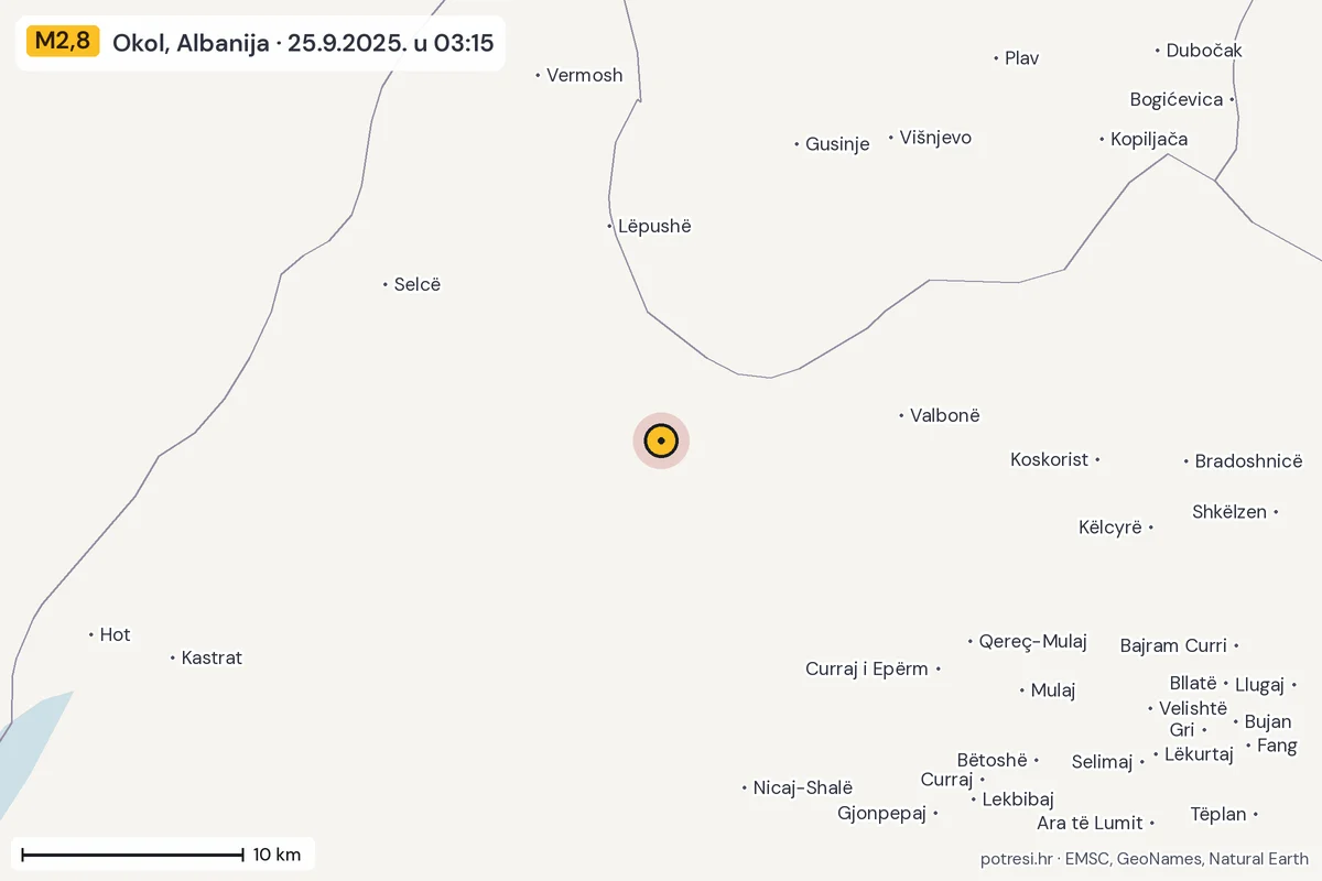 Karta: okolica epicentra, 60 km, potres M2,8, Okol, Albanija, 25.9.2025.