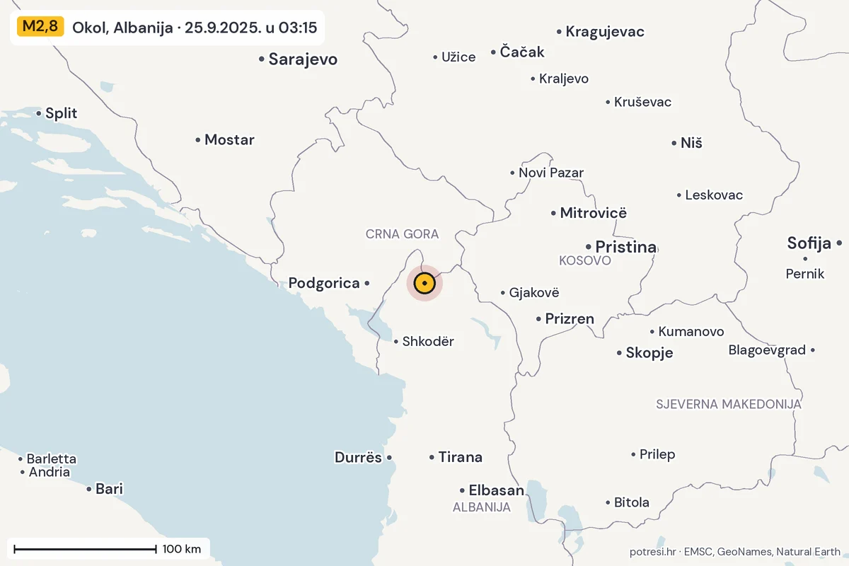 Karta: šire područje, 600 km, potres M2,8, Okol, Albanija, 25.9.2025.