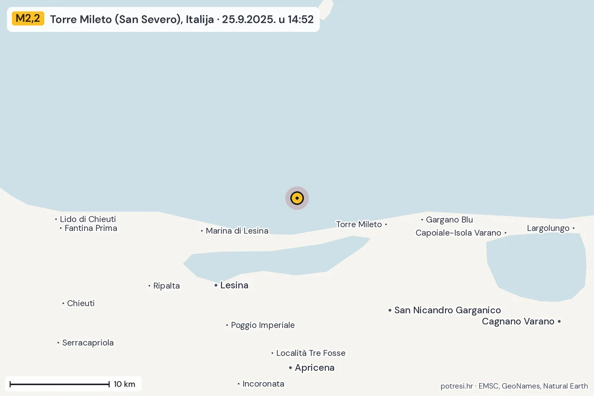 Karta: okolica epicentra, 60 km, potres M2,2, Torre Mileto (San Severo), Italija, 25.9.2025.