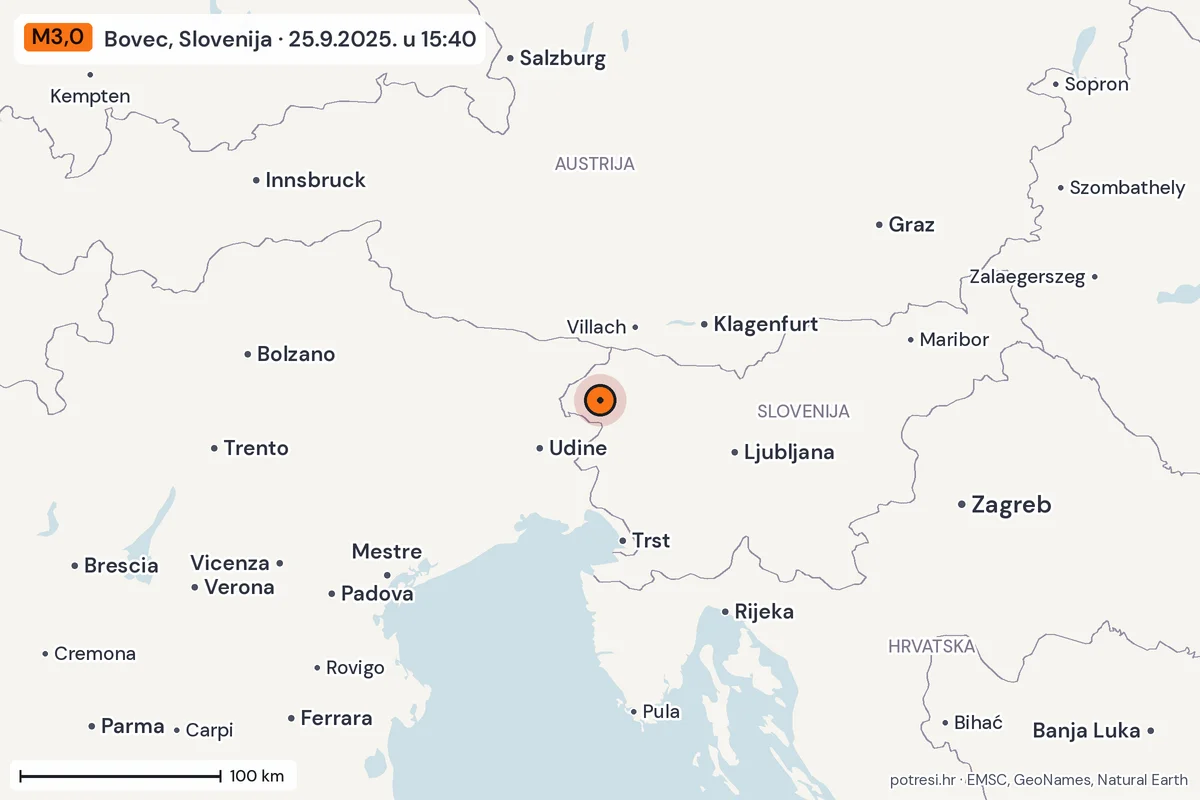 Karta: šire područje, 600 km, potres M3,0, Bovec, Slovenija, 25.9.2025.