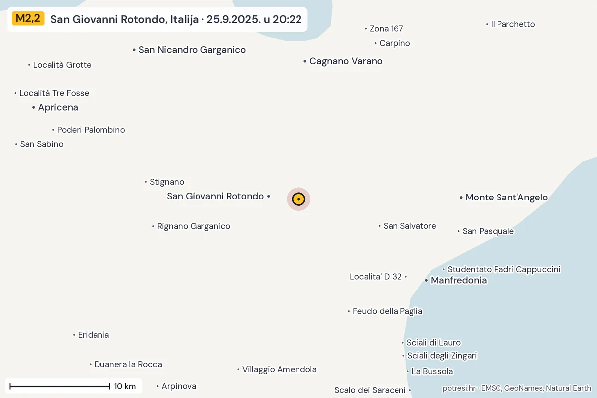 Karta: okolica epicentra, 60 km, potres M2,2, San Giovanni Rotondo, Italija, 25.9.2025.