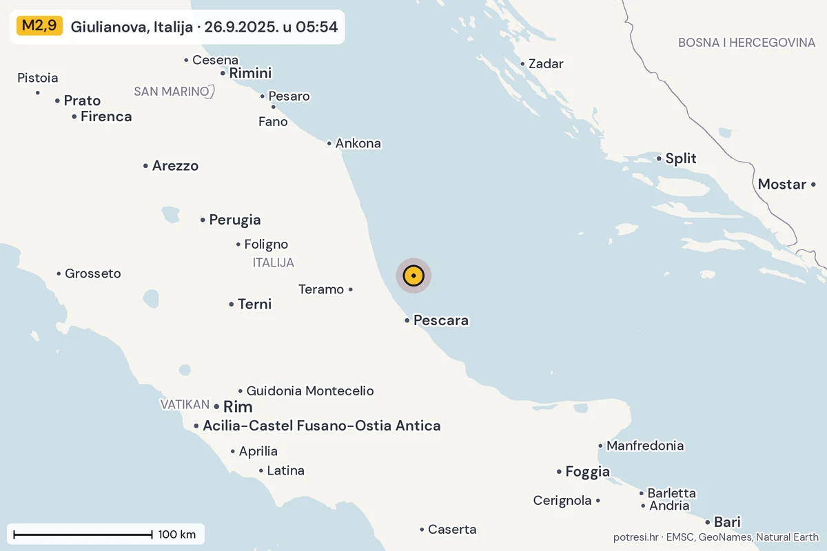 Karta: šire područje, 600 km, potres M2,9, Giulianova, Italija, 26.9.2025.