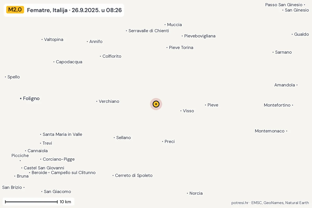 Karta: okolica epicentra, 60 km, potres M2,0, Fematre, Italija, 26.9.2025.
