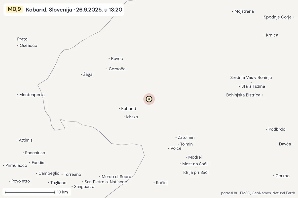 Karta: okolica epicentra, 60 km, potres M0,9, Kobarid, Slovenija, 26.9.2025.