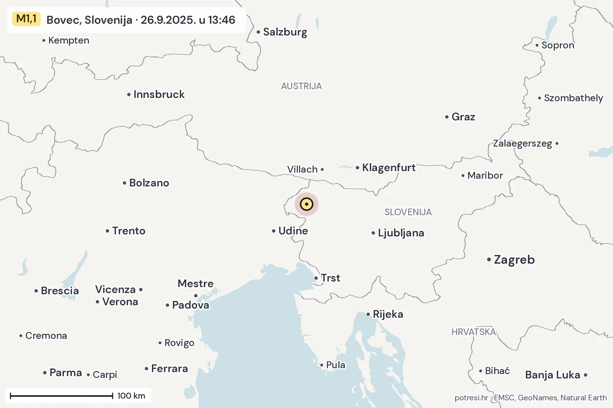 Karta: šire područje, 600 km, potres M1,1, Bovec, Slovenija, 26.9.2025.