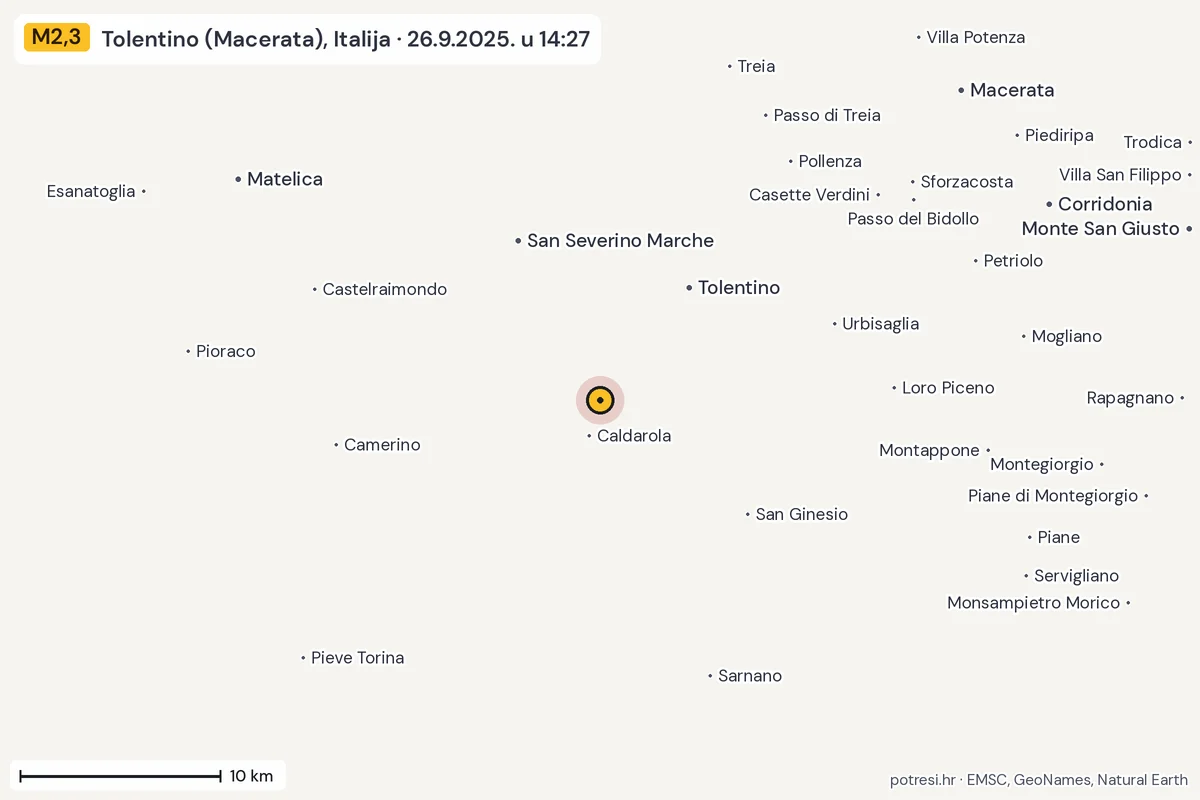 Karta: okolica epicentra, 60 km, potres M2,3, Tolentino (Macerata), Italija, 26.9.2025.