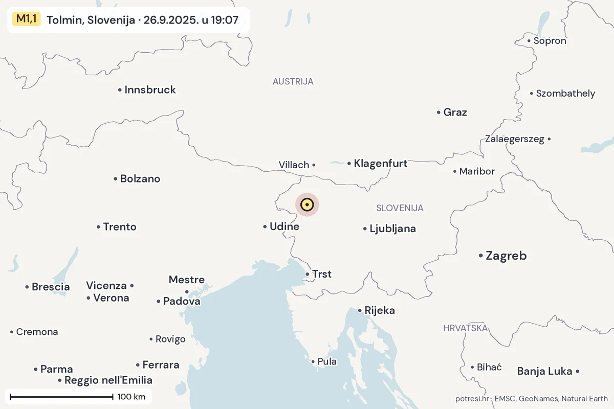 Karta: šire područje, 600 km, potres M1,1, Tolmin, Slovenija, 26.9.2025.