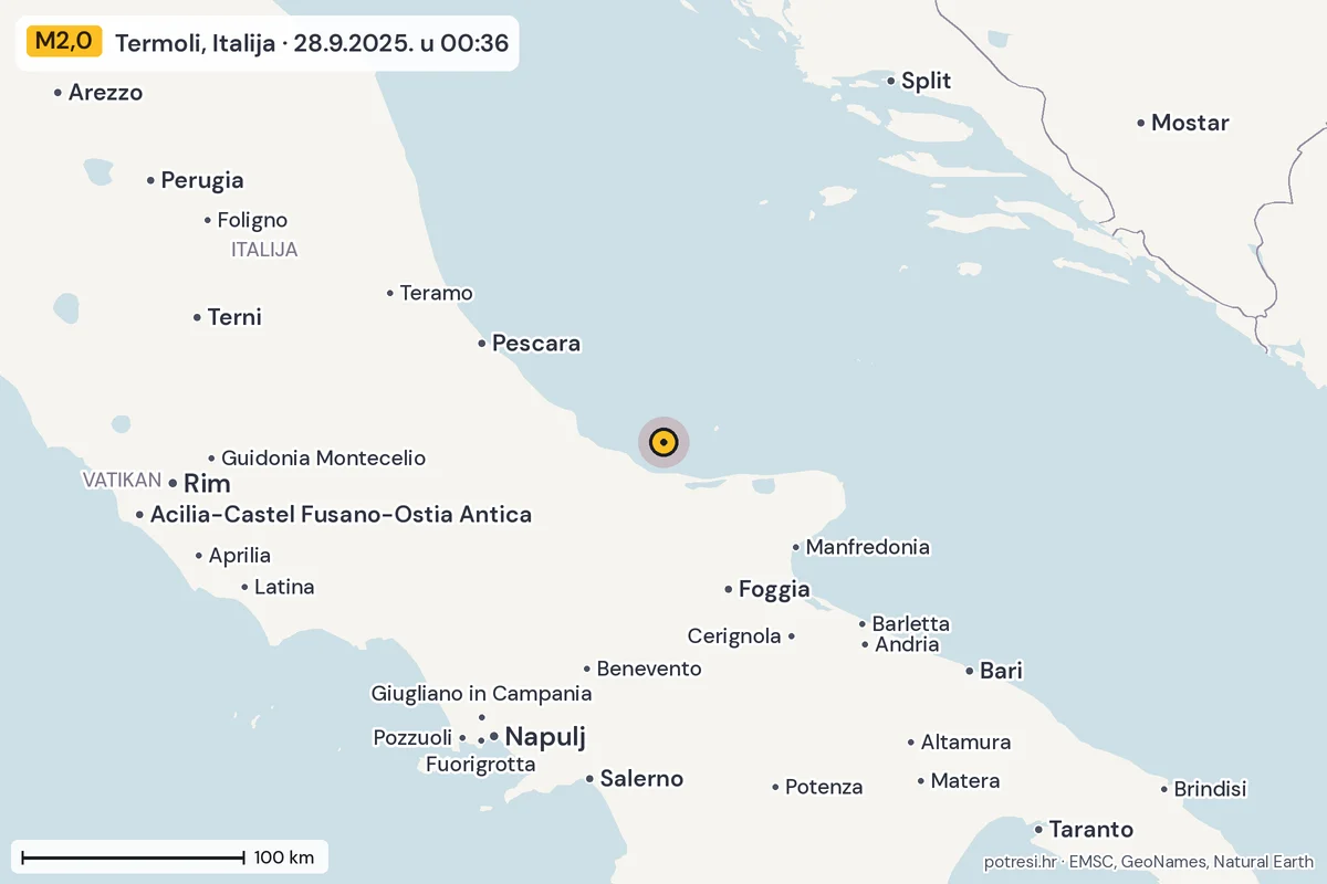 Karta: šire područje, 600 km, potres M2,0, Termoli, Italija, 28.9.2025.