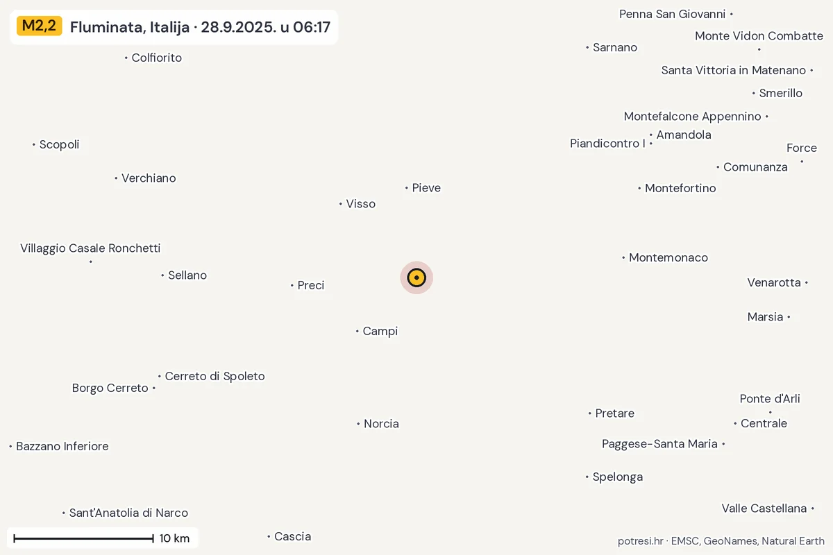 Karta: okolica epicentra, 60 km, potres M2,2, Fluminata, Italija, 28.9.2025.
