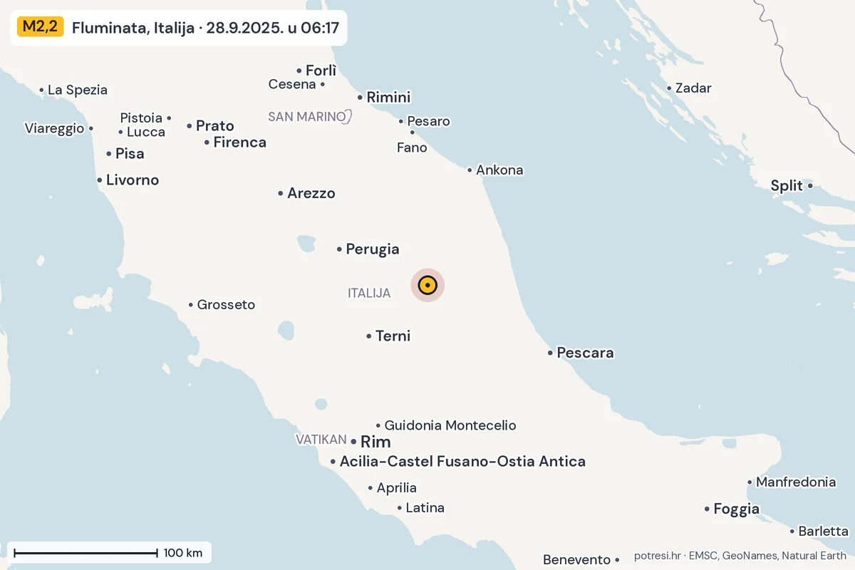 Karta: šire područje, 600 km, potres M2,2, Fluminata, Italija, 28.9.2025.