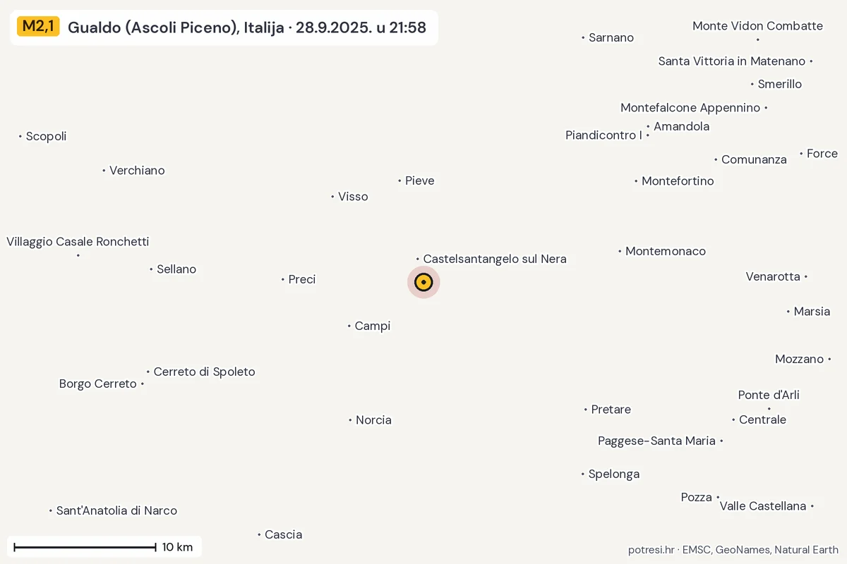 Karta: okolica epicentra, 60 km, potres M2,1, Gualdo (Ascoli Piceno), Italija, 28.9.2025.