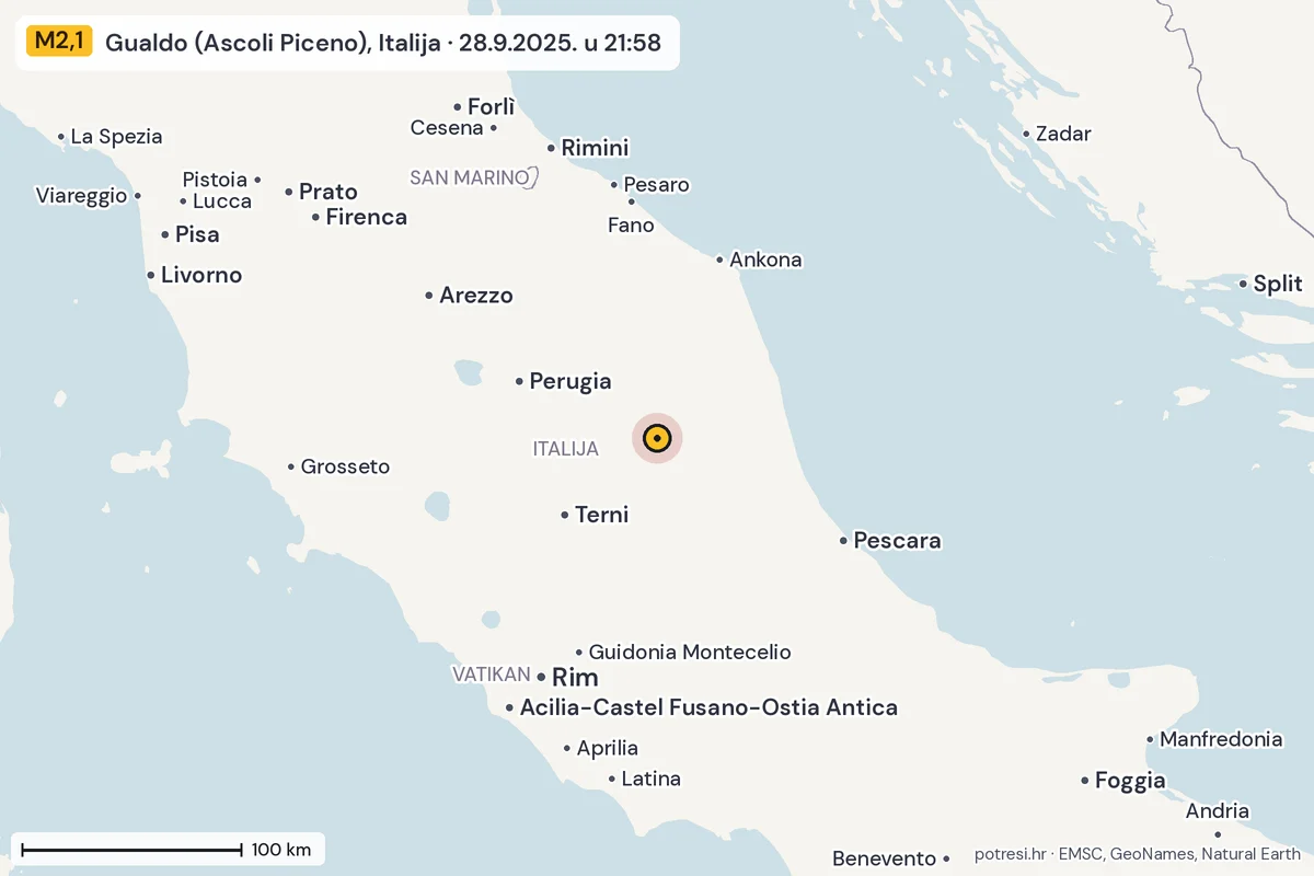 Karta: šire područje, 600 km, potres M2,1, Gualdo (Ascoli Piceno), Italija, 28.9.2025.
